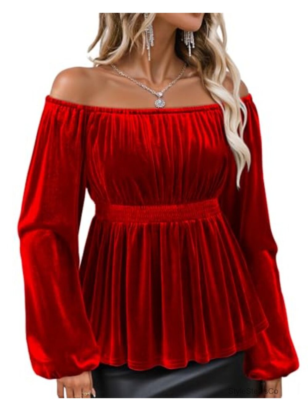 Velvet Off The Shoulder Long Sleeve Peplum Blouse Ruffle Evening Top